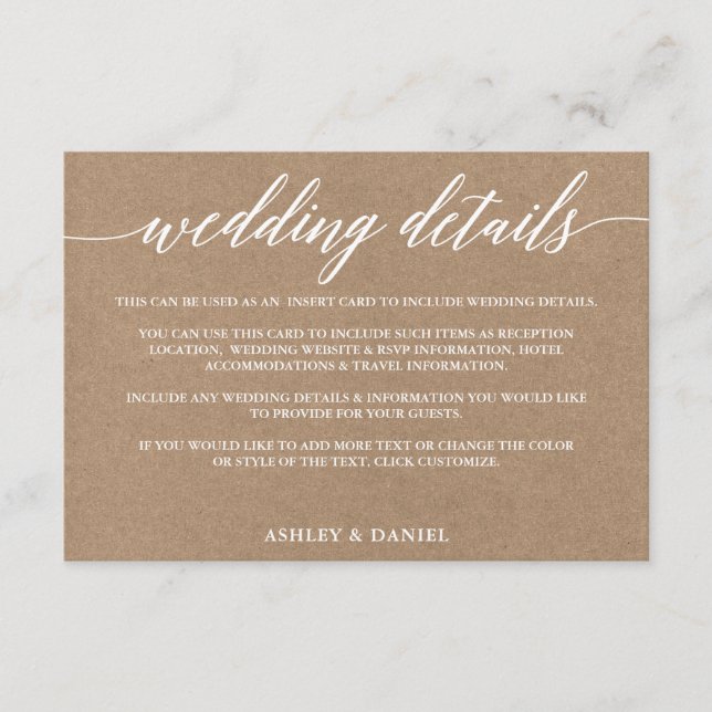 Modern Calligraphy Wedding Details Kraft Enclosure Card (Front)