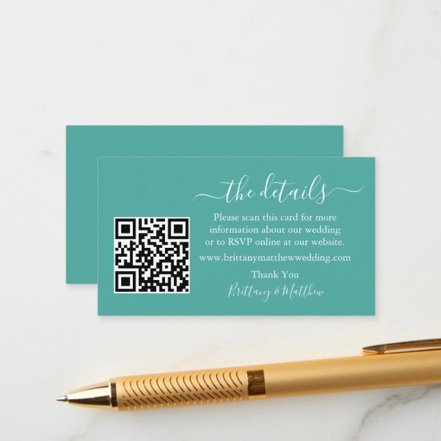 Modern Calligraphy Wedding Details Website QR Teal Enclosure Card (Front/Back In Situ)
