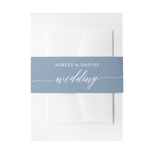 Modern Calligraphy Wedding Dusty Blue Invitation Belly Band (Front Example)