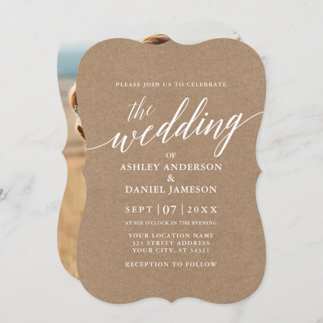 Modern Calligraphy Wedding Kraft Photo Back Invitation (Front/Back)