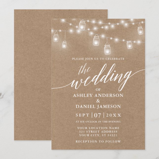 Modern Calligraphy Wedding Lights Kraft Invitation (Front/Back)