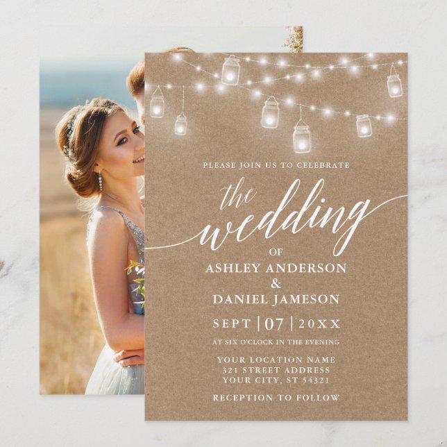 Modern Calligraphy Wedding Lights Kraft Photo Invitation (Front/Back)