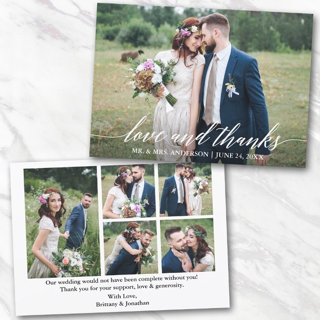 Modern Calligraphy Wedding Love And Thanks 6 Photo Thank You Card (Customize to change your personalized text size or text style.)
