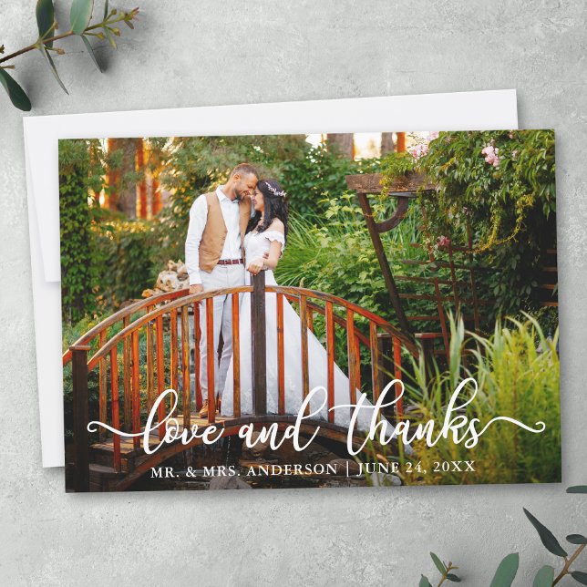 Modern Calligraphy Wedding Love and Thanks Photo Thank You Card (Customize to add text or more photos to back of card.)