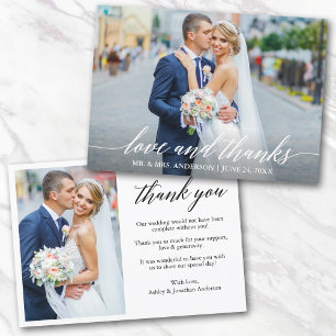 Modern Calligraphy Wedding Love Thanks 2 Photo Thank You Card