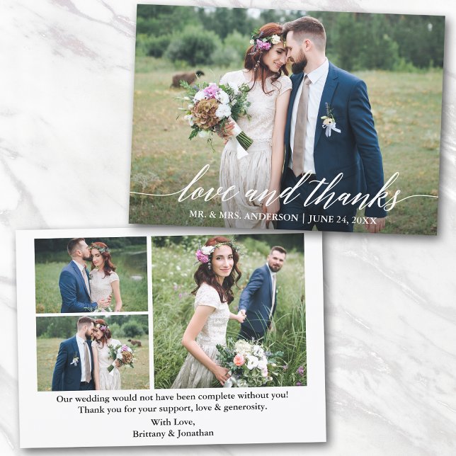 Modern Calligraphy Wedding Love Thanks 4 Photos Thank You Card (Customize to change your personalized text size or text style.)