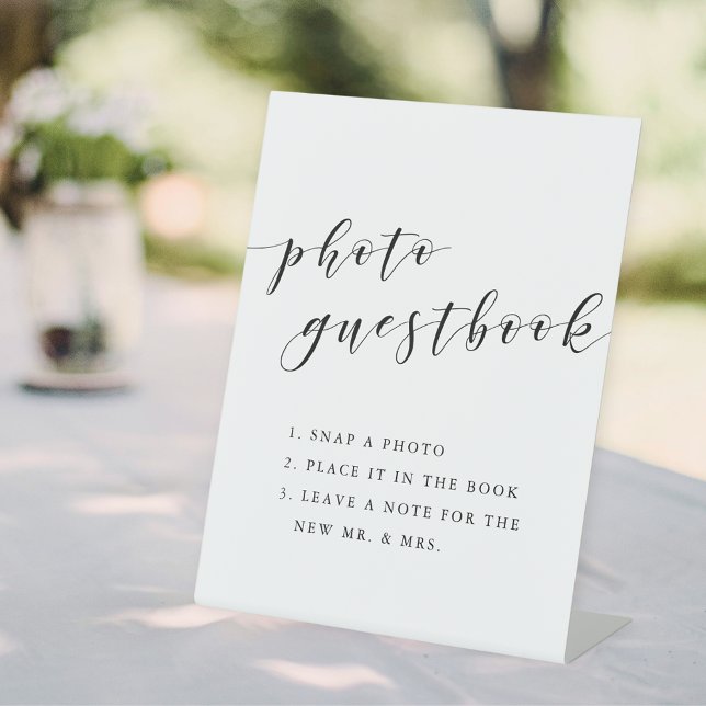 Modern Calligraphy Wedding Photo Guestbook Pedestal Sign (Creator Uploaded)