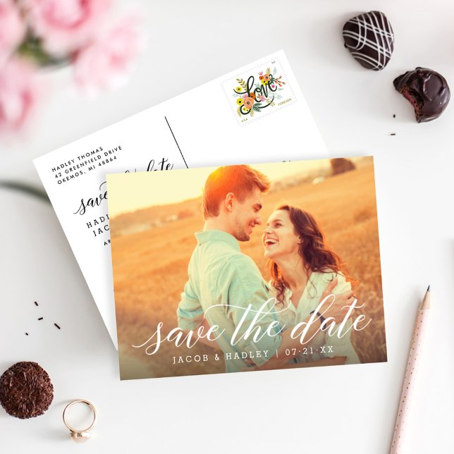 Modern Calligraphy Wedding Photo Save the Date Announcement Postcard (Creator Uploaded)