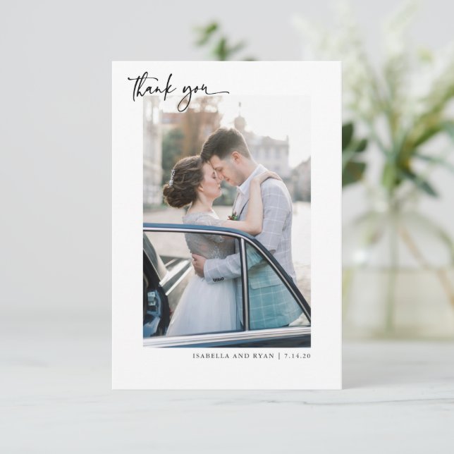 Modern Calligraphy Wedding Photo Thank You Card (Standing Front)