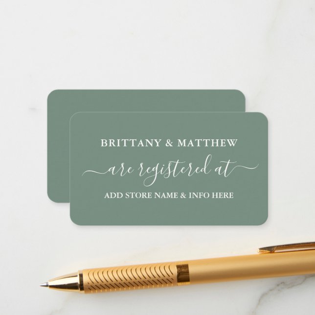 Modern Calligraphy Wedding Registry Sage Green Enclosure Card (Front/Back In Situ)