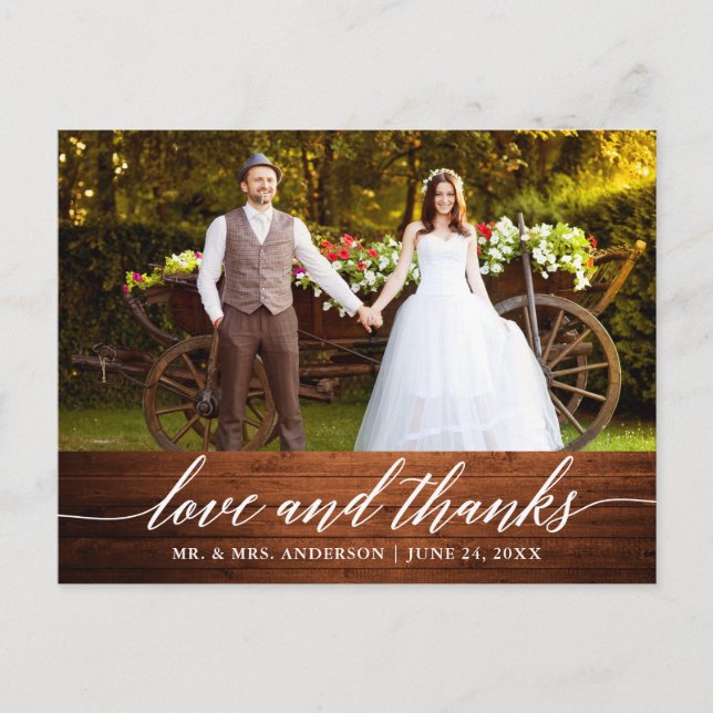 Modern Calligraphy Wedding Wood Love and Thanks Postcard (Front)