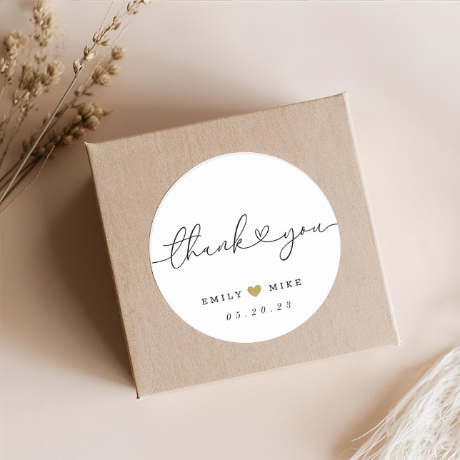 Modern Calligraphy with Hearts Wedding Thank You Classic Round Sticker (Creator Uploaded)