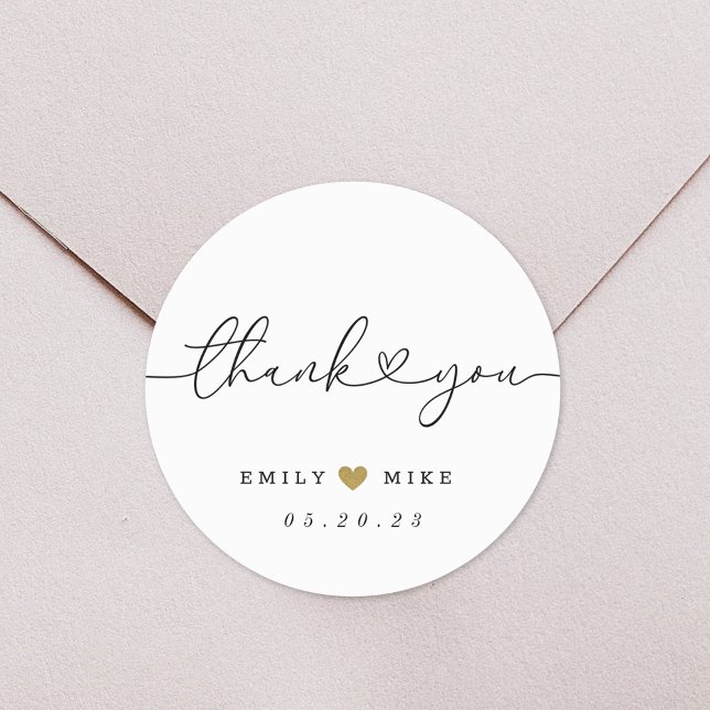 Modern Calligraphy with Hearts Wedding Thank You Classic Round Sticker (Creator Uploaded)
