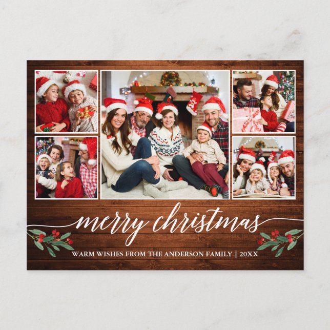 Modern Calligraphy Wood 5 Photo Family Christmas Postcard (Front)