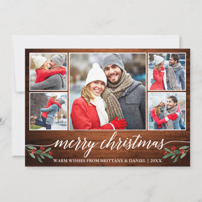 Modern Calligraphy Wood 5 Photo Merry Christmas Holiday Card (Front)