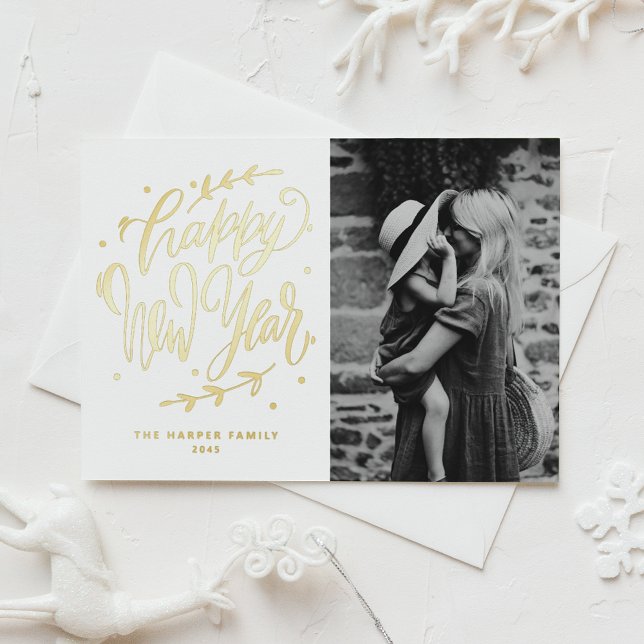 Modern Calligraphy Wreath Happy New Year Photo (Celebrate the New Year with this customizable photo gold foil Happy New Year card. )