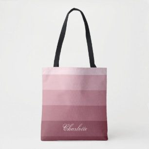 Modern Calm Gradient Rose Red Stripes Custom Name Tote Bag