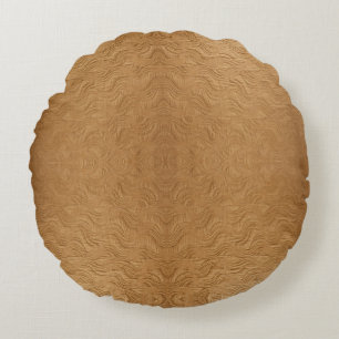 Modern Camel Brown Wavy Ripples Abstract Textured Round Cushion