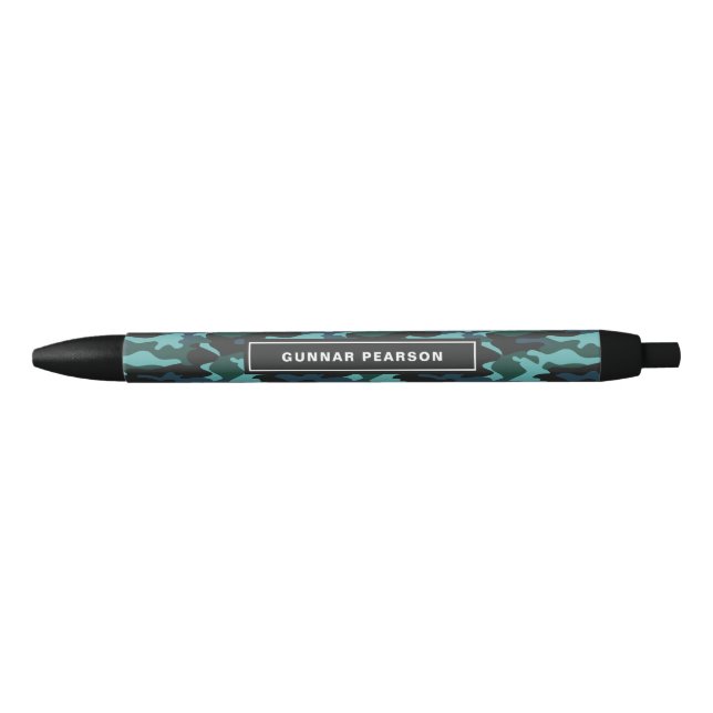 Modern Camouflage Pattern Name Blue Black Ink Pen (Front)