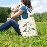 Modern Camping Bachelorette Party Tote Bag<br><div class="desc">Modern camping bachelorette party tote bags featuring a drawing of a campsite featuring mountains,  trees,  a log fire,  a tent,  and a text template that is easy to personalise.</div>