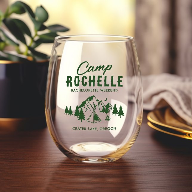 Modern Camping Bachelorette Stemless Wine Glass (Creator Uploaded)