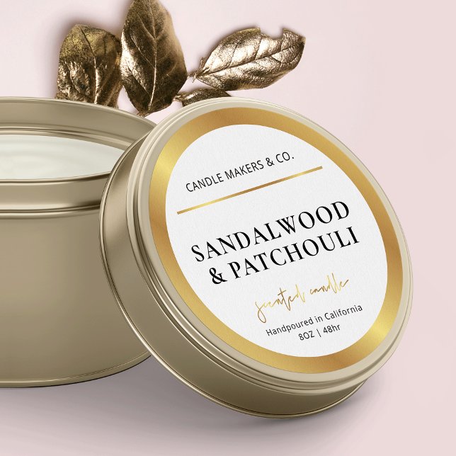 Modern Candle Jar Label Gold Foil Effect Packaging (Faux gold round candle labels for your candle tins or jars)
