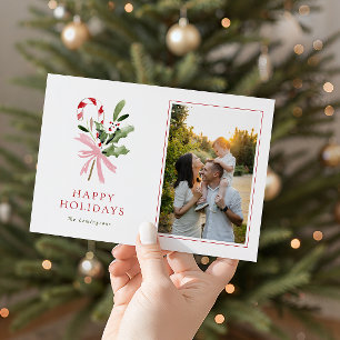 Modern Candy Cane Holly & Bow Photo Holiday Card