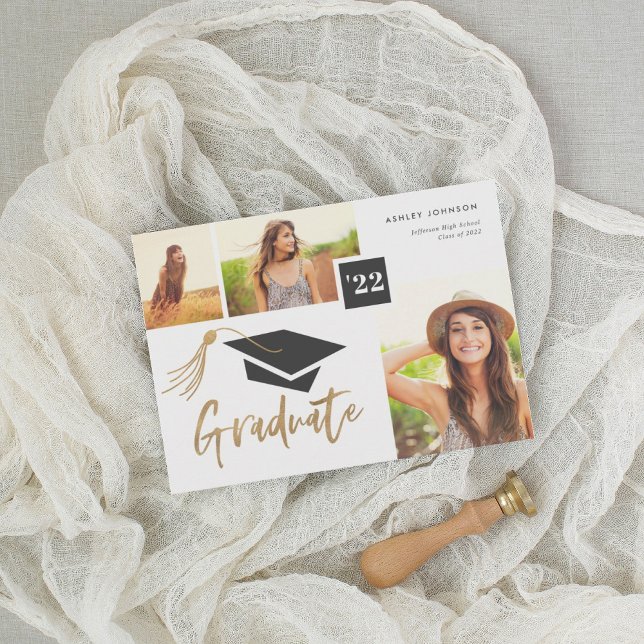 Modern Cap and Tassel Gold Foil 3 Photo Graduate Announcement (Creator Uploaded)