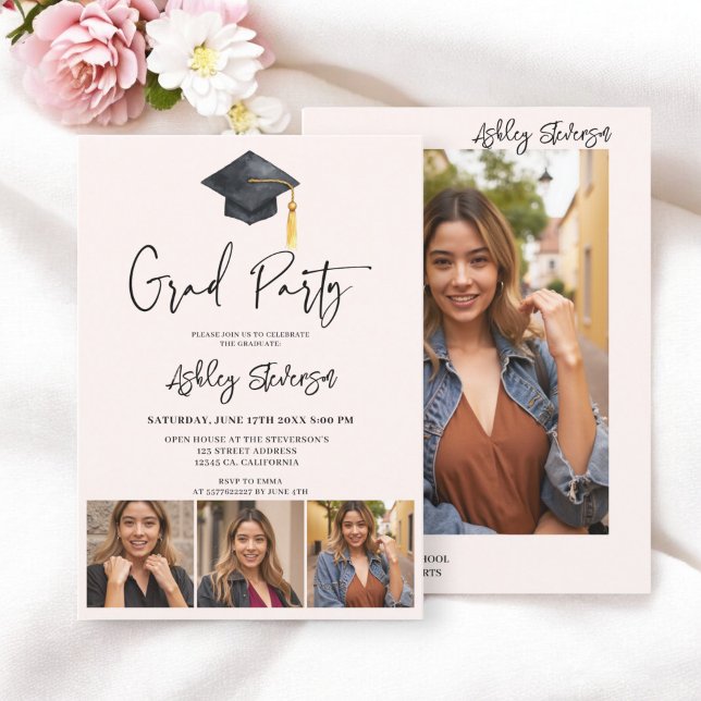 Modern Cap Pink Simple 4 Photo Graduation Party Invitation (Modern Cap Pink Simple 4 Photo Graduation Party Invitation)