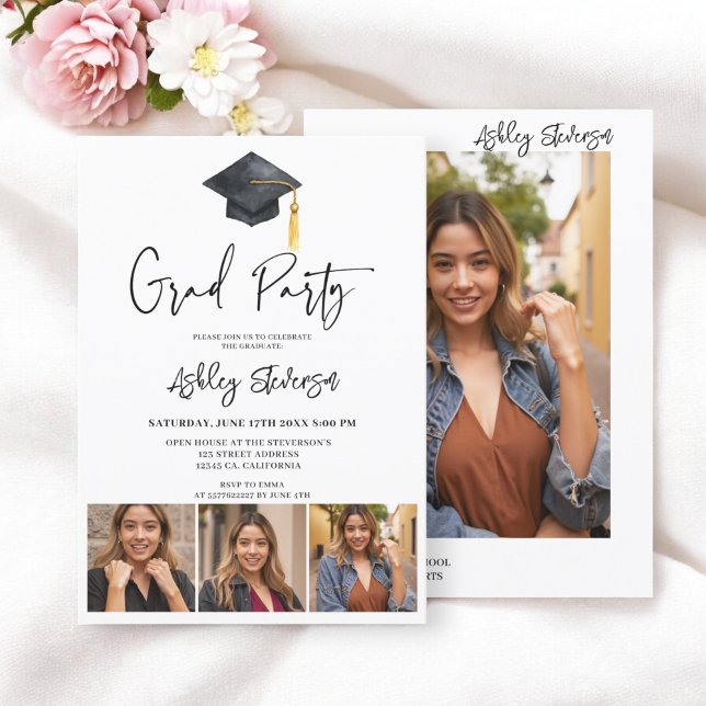 Modern Cap white Simple 4 Photo Graduation Party Invitation (Modern Cap white Simple 4 Photo Graduation Party Invitation)