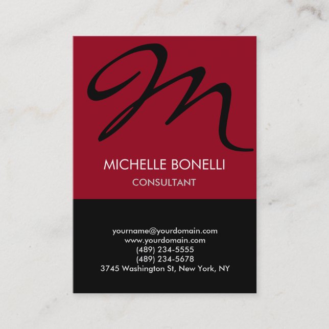 Modern carmine black script monogram business card (Front)