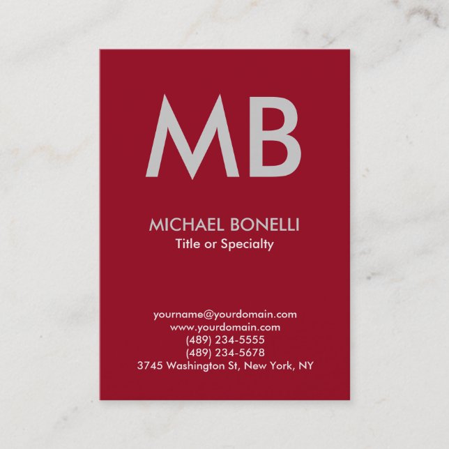 Modern carmine red grey monogram business card (Front)