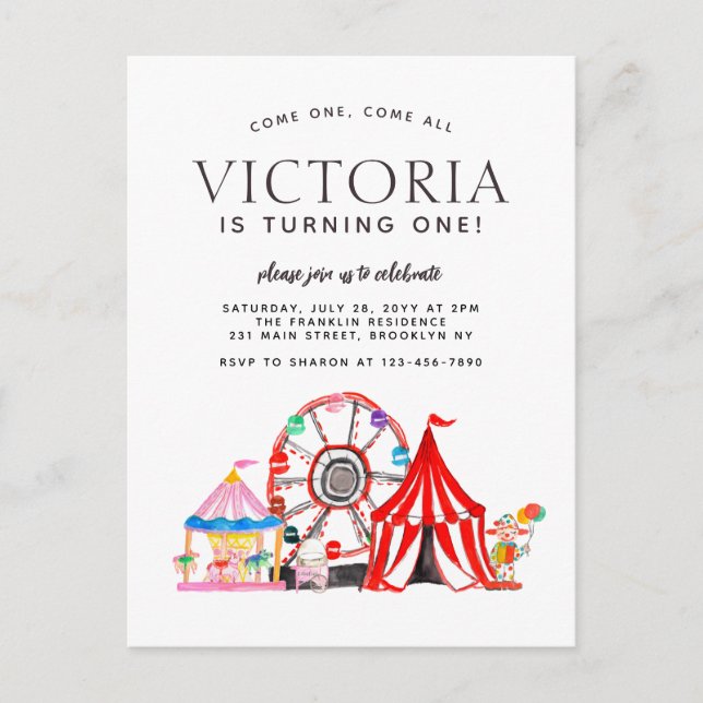 Modern Carnival Circus Festival Party Kid Birthday Postcard (Front)