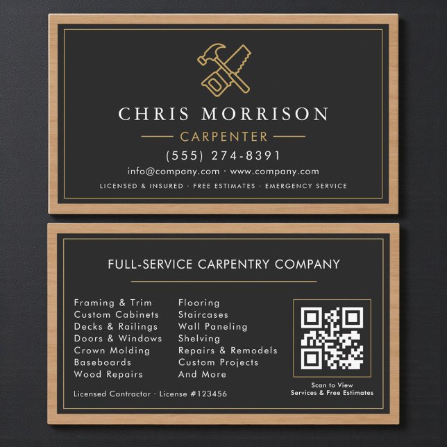 Modern Carpenter Carpentry QR Code Business Card (Creator Uploaded)