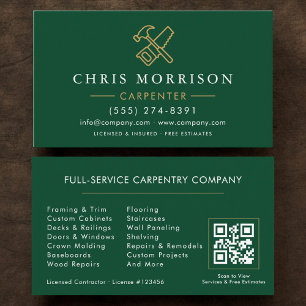 Modern Carpenter Green Gold QR Code Business Card