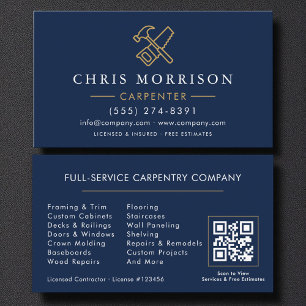 Modern Carpenter Navy Blue Gold QR Code Business Card
