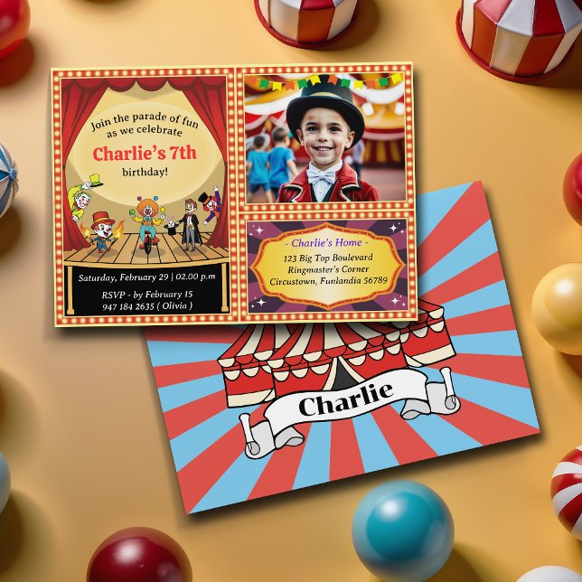 Modern Cartoon Circus Photo Birthday Invitation (Creator Uploaded)