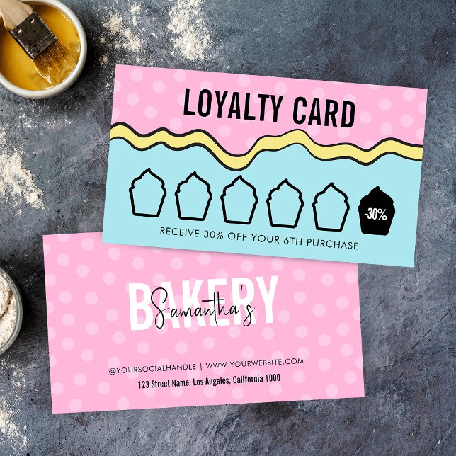 Modern Cartoon Colourful Fun Groovy Cupcake Bakery Loyalty Card (Embrace the retro groove with these fun and colorful bakery loyalty cards for bakers & chefs)