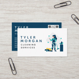 Modern Cartoon Girl Cleaning Services Business Card