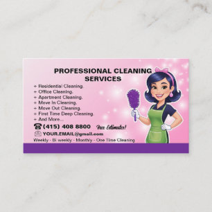 Modern Cartoon Maid House Cleaning Service Business Card