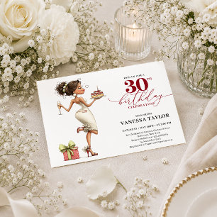 Modern Cartoon Woman 30th Birthday Burgundy Script Invitation