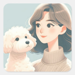 Modern Cartoon Woman and her Bichon Frisé Dog Square Sticker