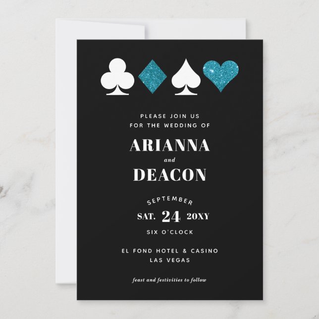 Modern Casino Wedding Invitation with Blue Glitter (Front)