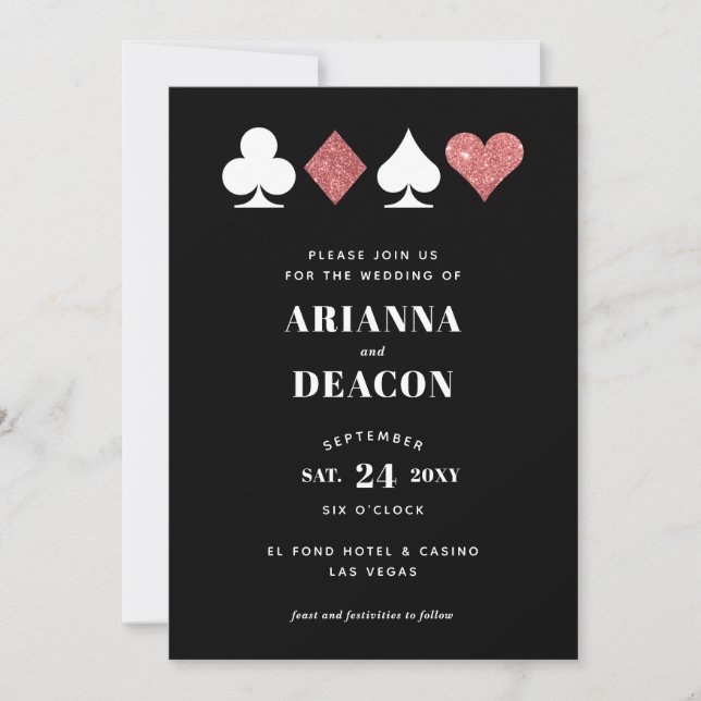 Modern Casino Wedding Invitation with Pink Glitter (Front)