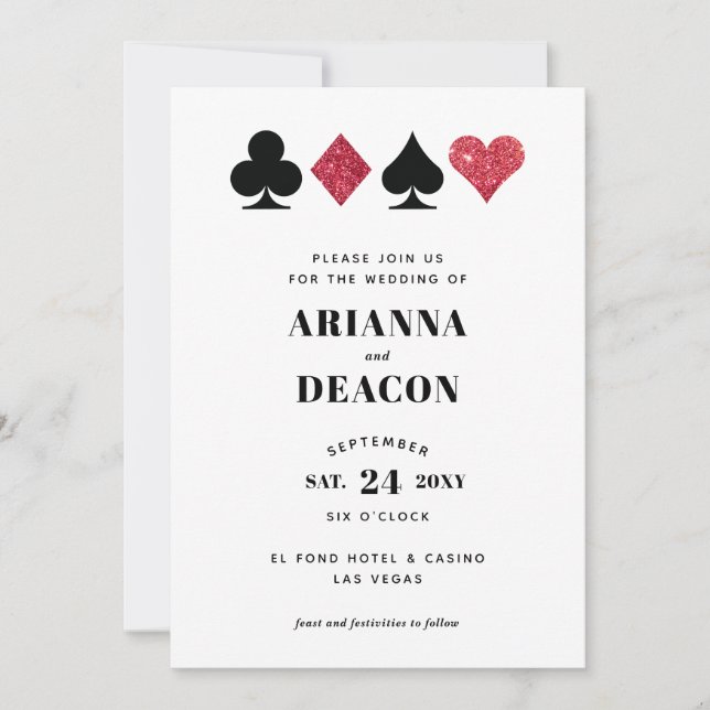 Modern Casino Wedding Invitation with Red Glitter (Front)