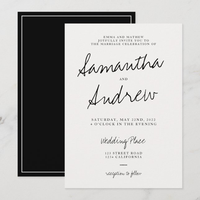 Modern casual black ivory typography wedding invitation (Front/Back)