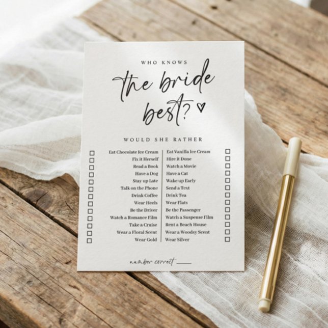 Modern Casual Bridal Shower Game Would She Rather Invitation (Would she rather bridal shower game - who knows the bride best? Modern casual handwriting script.)