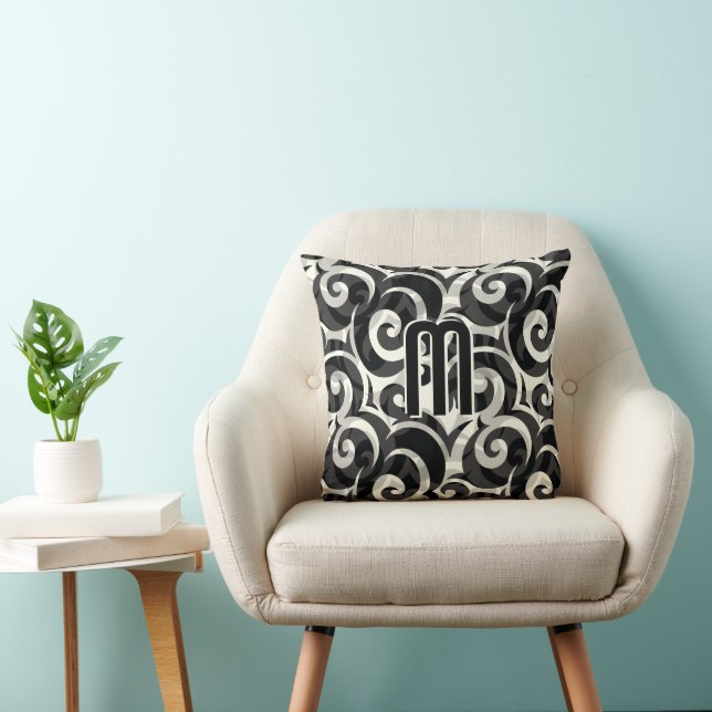 Modern Casual Disco Grey Black Ivory Monogram Cushion (Chair)