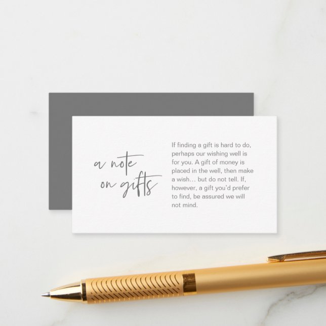 Modern casual elegance wedding, A note on gifts Enclosure Card (Front/Back In Situ)