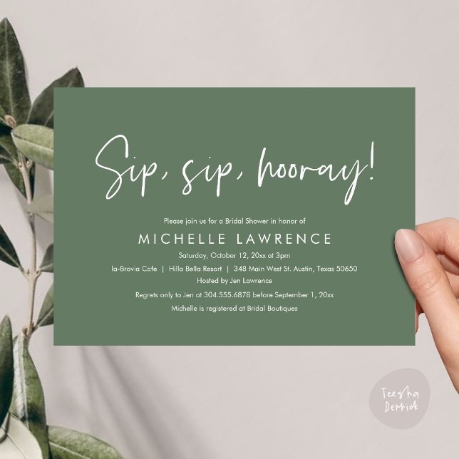 Modern Casual, fun and playful Bridal Shower Party Invitation (Sip, Sip Hooray, Modern Casual, fun and playful Bridal Shower Party Invitation Card, PDF Sage Green)